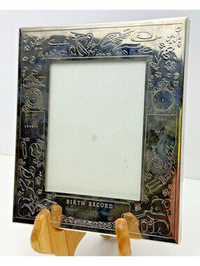Vtg Carr Baby Birth Record Silver Photo Frame Stork to Engrave 6x5 For 3x4 Photo